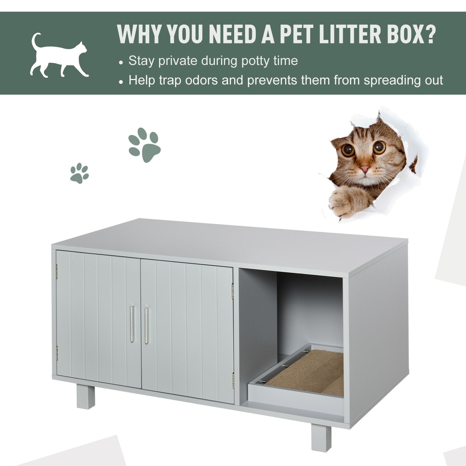 PawHut Wooden Cat Litter Box Enclosure & House with Nightstand/End Table Design, Scratcher, & Magnetic Doors, Grey - Baig Merchant