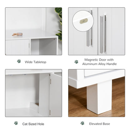 PawHut Wooden Cat Litter Box Enclosure & House with Nightstand/End Table Design, Scratcher, & Magnetic Doors, White - Baig Merchant