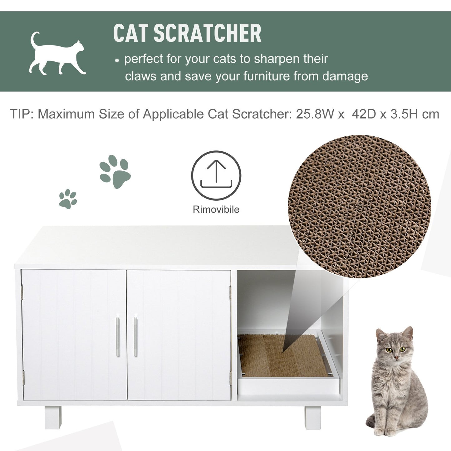 PawHut Wooden Cat Litter Box Enclosure & House with Nightstand/End Table Design, Scratcher, & Magnetic Doors, White - Baig Merchant