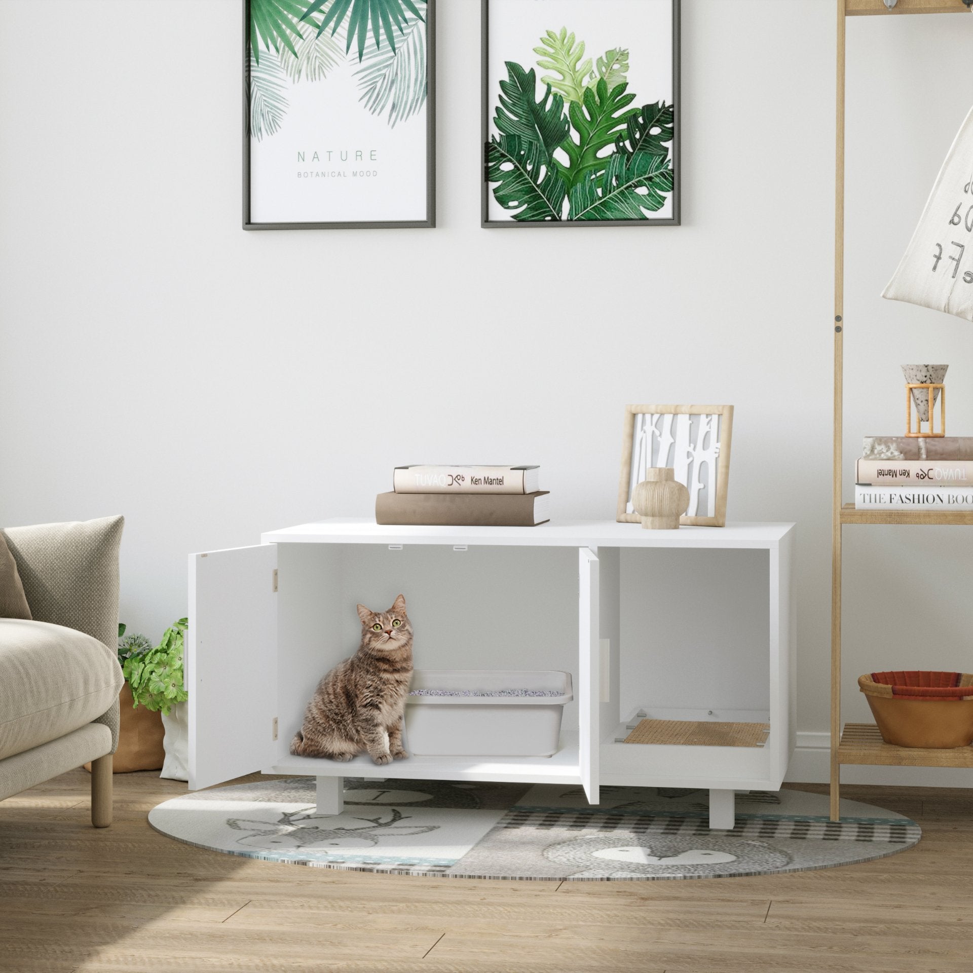 PawHut Wooden Cat Litter Box Enclosure & House with Nightstand/End Table Design, Scratcher, & Magnetic Doors, White - Baig Merchant