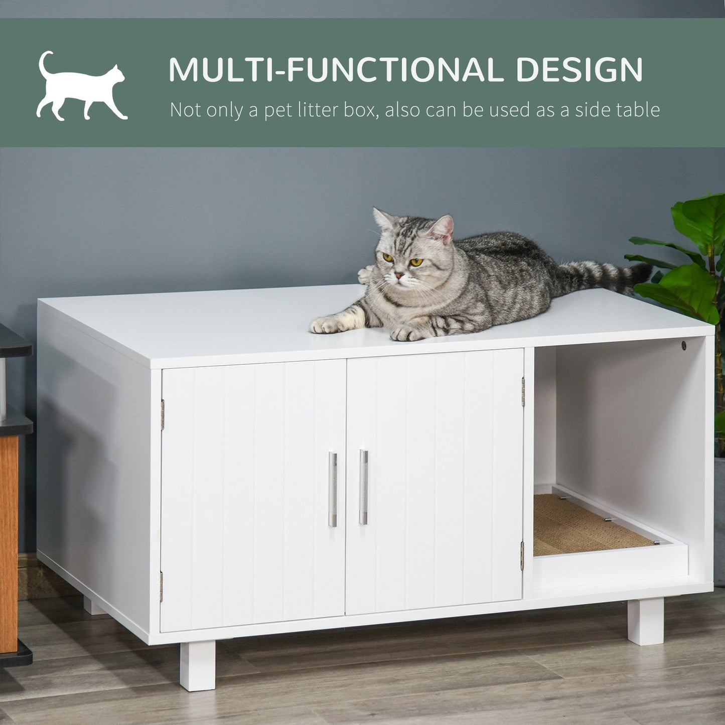 PawHut Wooden Cat Litter Box Enclosure & House with Nightstand/End Table Design, Scratcher, & Magnetic Doors, White - Baig Merchant