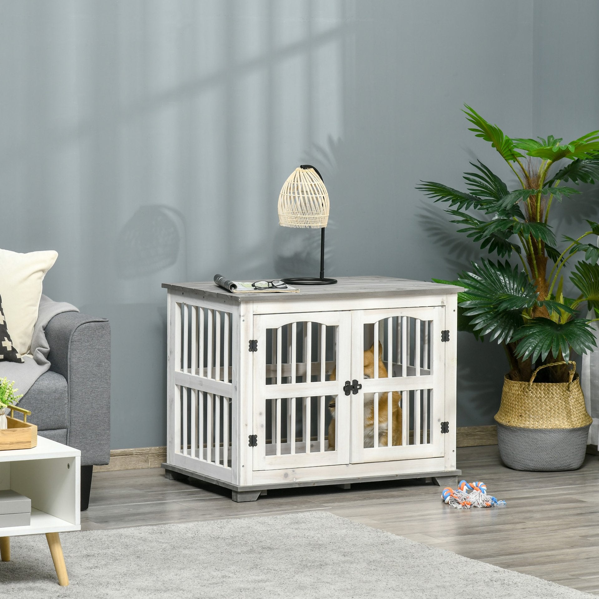 PawHut Wooden Dog Crate Furniture Pet Kennel Cage End Table for Small Medium Dogs, Indoor, White, 85.5 x 59.5 x 68 cm - Baig Merchant