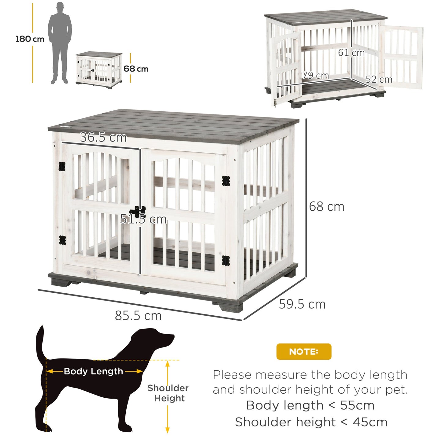 PawHut Wooden Dog Crate Furniture Pet Kennel Cage End Table for Small Medium Dogs, Indoor, White, 85.5 x 59.5 x 68 cm - Baig Merchant