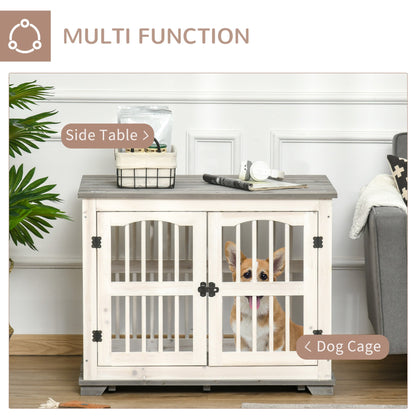 PawHut Wooden Dog Crate Furniture Pet Kennel Cage End Table for Small Medium Dogs, Indoor, White, 85.5 x 59.5 x 68 cm - Baig Merchant