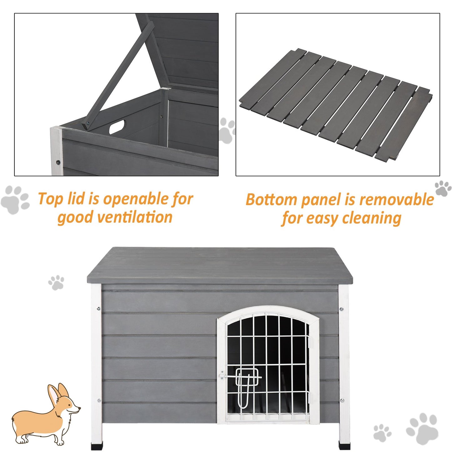 PawHut Wooden Dog Kennel Crate Pet House Wire Door Openable Top Removable Bottom Grey 80 x 55 x 53.5cm - Baig Merchant