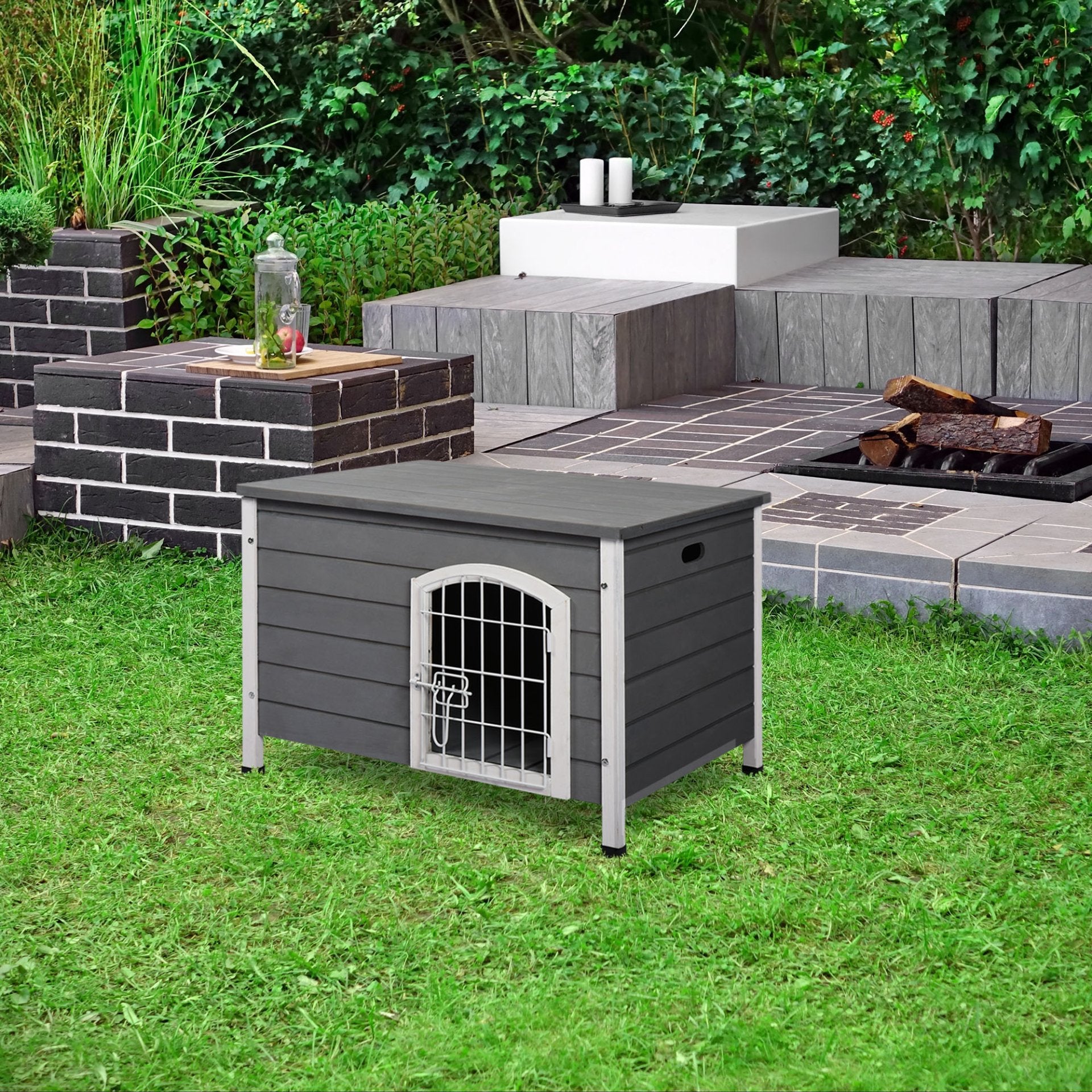 PawHut Wooden Dog Kennel Crate Pet House Wire Door Openable Top Removable Bottom Grey 80 x 55 x 53.5cm - Baig Merchant