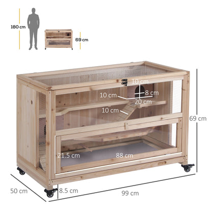 PawHut Wooden Hamster Cage, Mice Rodent Small Animals Kit Hutch, 3 Tiers Exercise Play House, with Wheels, Bottom Tray, 99 x 50 x 69 cm, Natural Wood - Baig Merchant