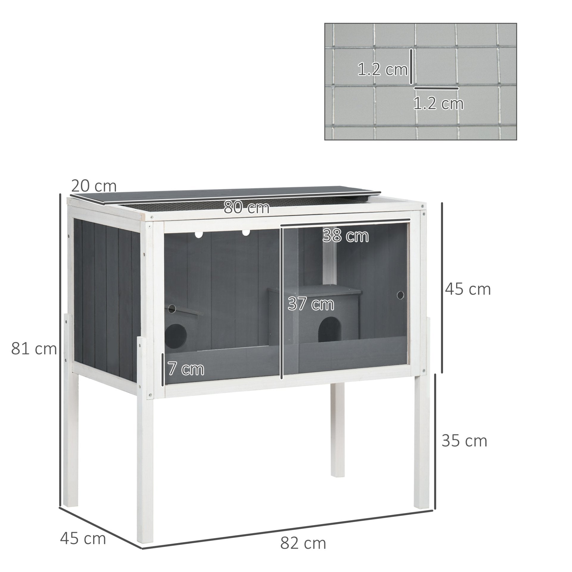 PawHut Wooden Hamster Cage, Small Animal Hutch for Dwarf Hamsters, Gerbils, Rutin Chickens w/ Huts, Shelf, 82 x 45 x 81cm - Dark Grey - Baig Merchant