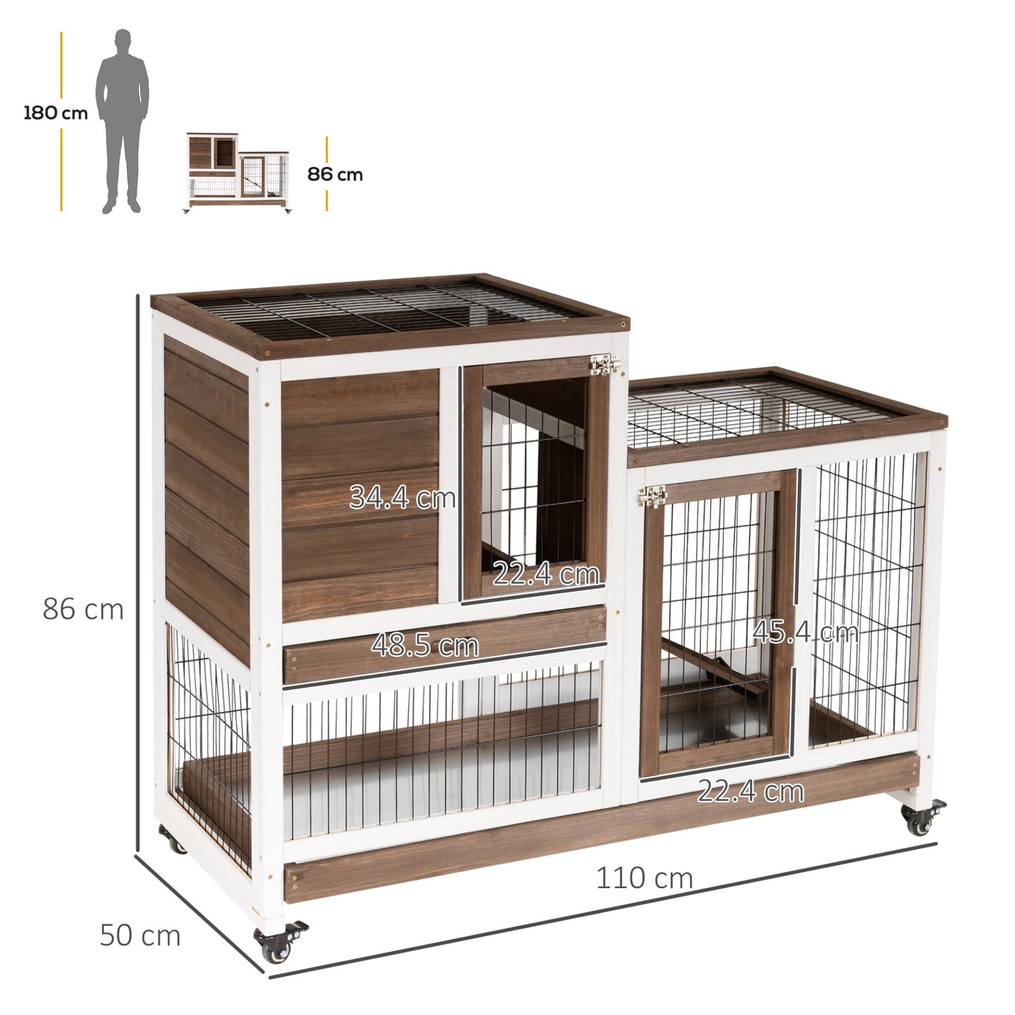 PawHut Wooden Indoor Rabbit Hutch Guinea Pig House Bunny Small Animal Cage W/ Wheels Enclosed Run 110 x 50 x 86 cm, Brown - Baig Merchant