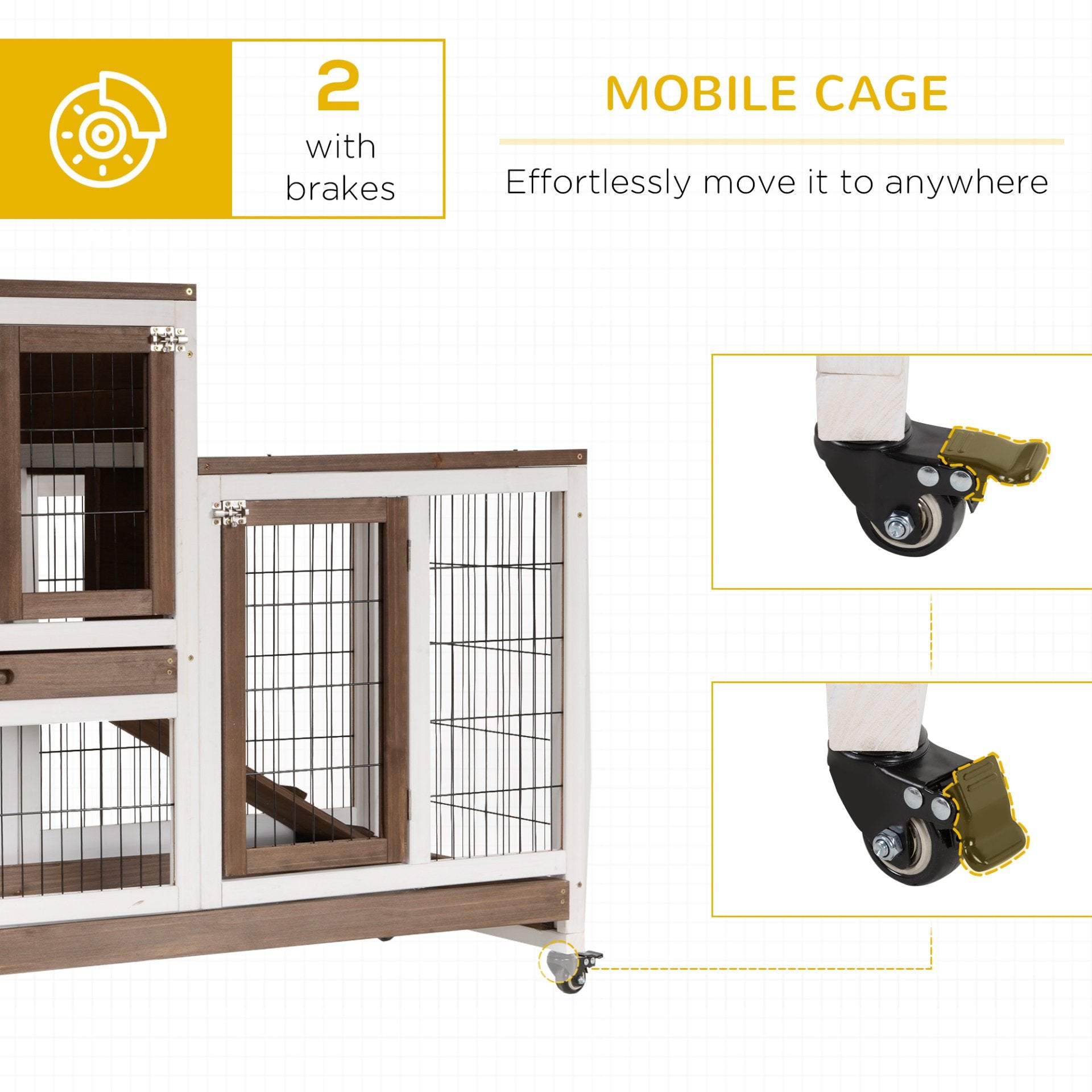 PawHut Wooden Indoor Rabbit Hutch Guinea Pig House Bunny Small Animal Cage W/ Wheels Enclosed Run 110 x 50 x 86 cm, Brown - Baig Merchant