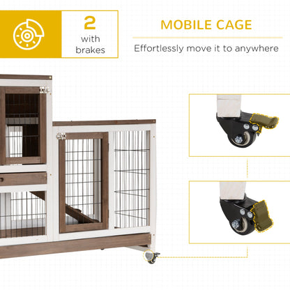 PawHut Wooden Indoor Rabbit Hutch Guinea Pig House Bunny Small Animal Cage W/ Wheels Enclosed Run 110 x 50 x 86 cm, Brown - Baig Merchant