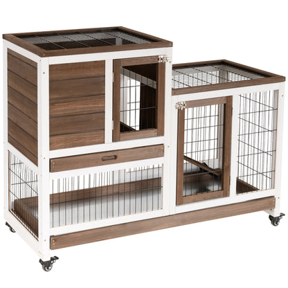 PawHut Wooden Indoor Rabbit Hutch Guinea Pig House Bunny Small Animal Cage W/ Wheels Enclosed Run 110 x 50 x 86 cm, Brown - Baig Merchant