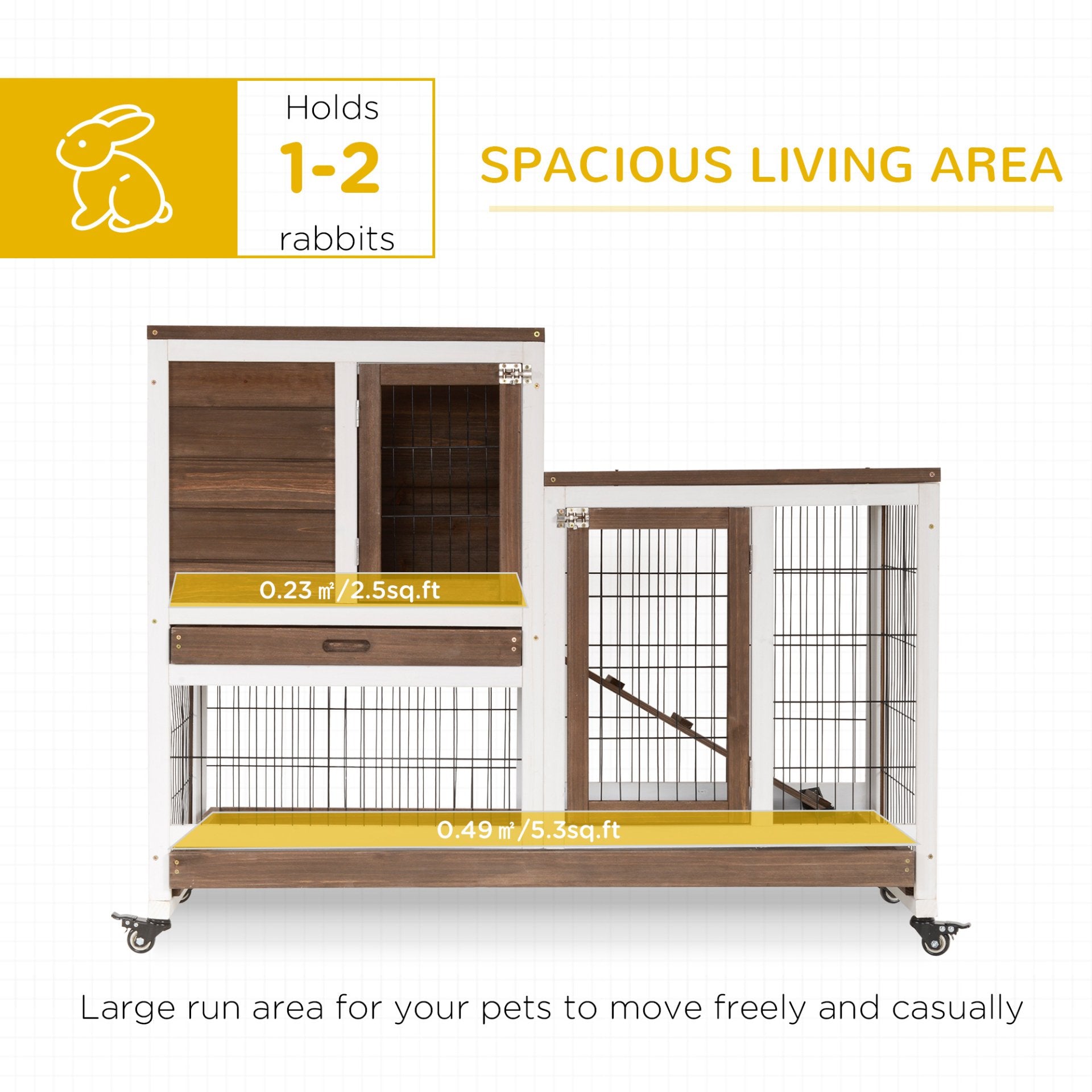 PawHut Wooden Indoor Rabbit Hutch Guinea Pig House Bunny Small Animal Cage W/ Wheels Enclosed Run 110 x 50 x 86 cm, Brown - Baig Merchant