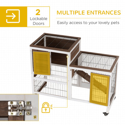 PawHut Wooden Indoor Rabbit Hutch Guinea Pig House Bunny Small Animal Cage W/ Wheels Enclosed Run 110 x 50 x 86 cm, Brown - Baig Merchant