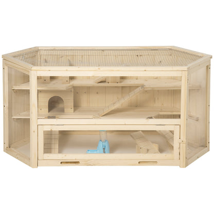 PawHut Wooden Large Hamster Cage Small Animal Exercise Play House 3 Tier with Sliding Tray, Natural - Baig Merchant