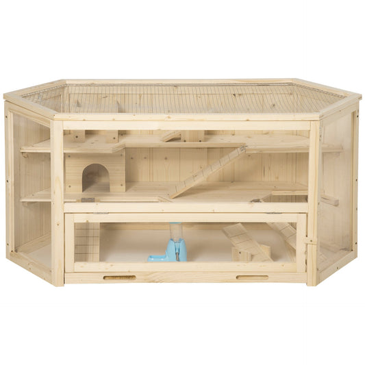 PawHut Wooden Large Hamster Cage Small Animal Exercise Play House 3 Tier with Sliding Tray, Natural - Baig Merchant