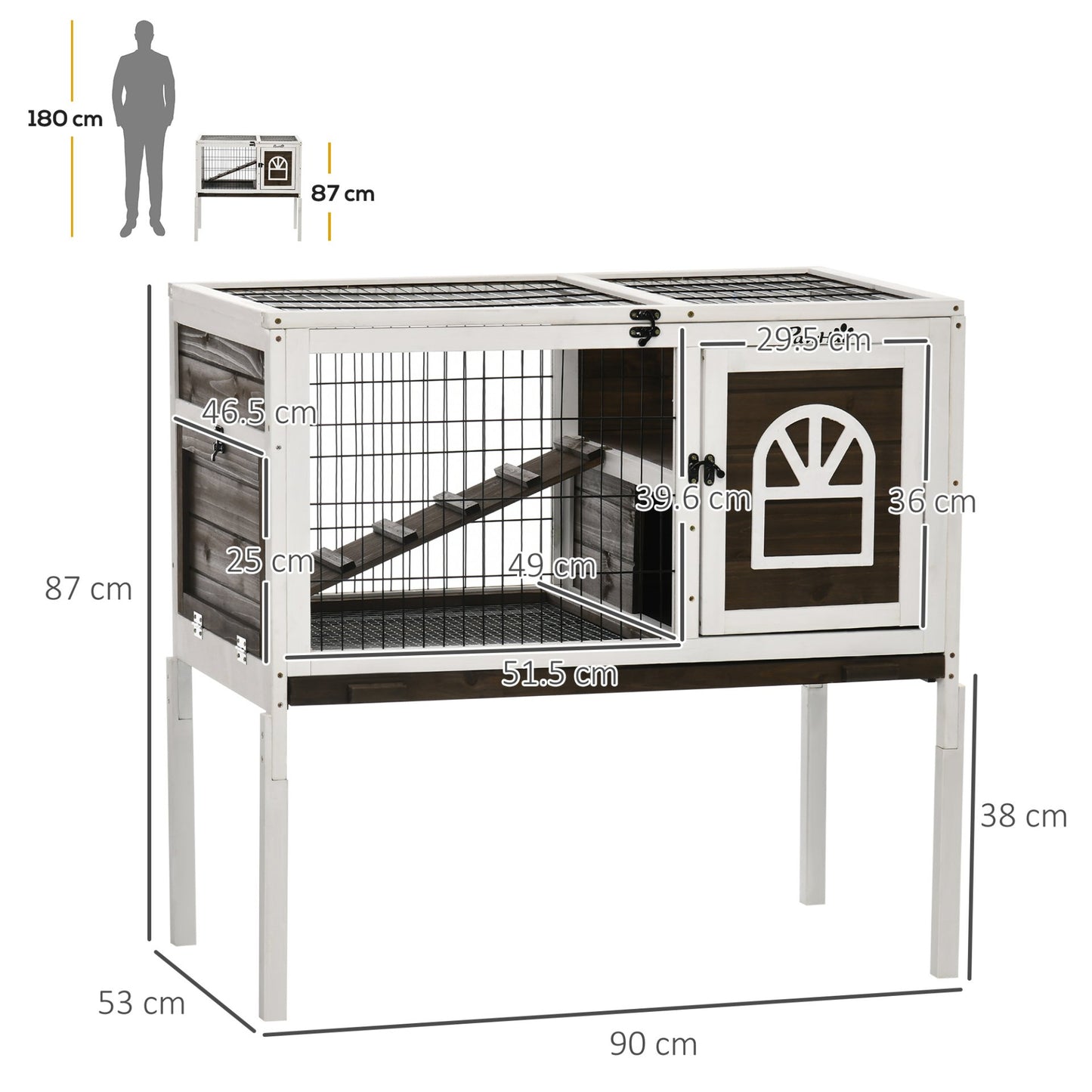 PawHut Wooden Rabbit Hutch, Elevated Guinea Pig Cage w/ Openable Roof, Ladder, Removable Tray, 90 x 53 x 87cm - Brown - Baig Merchant