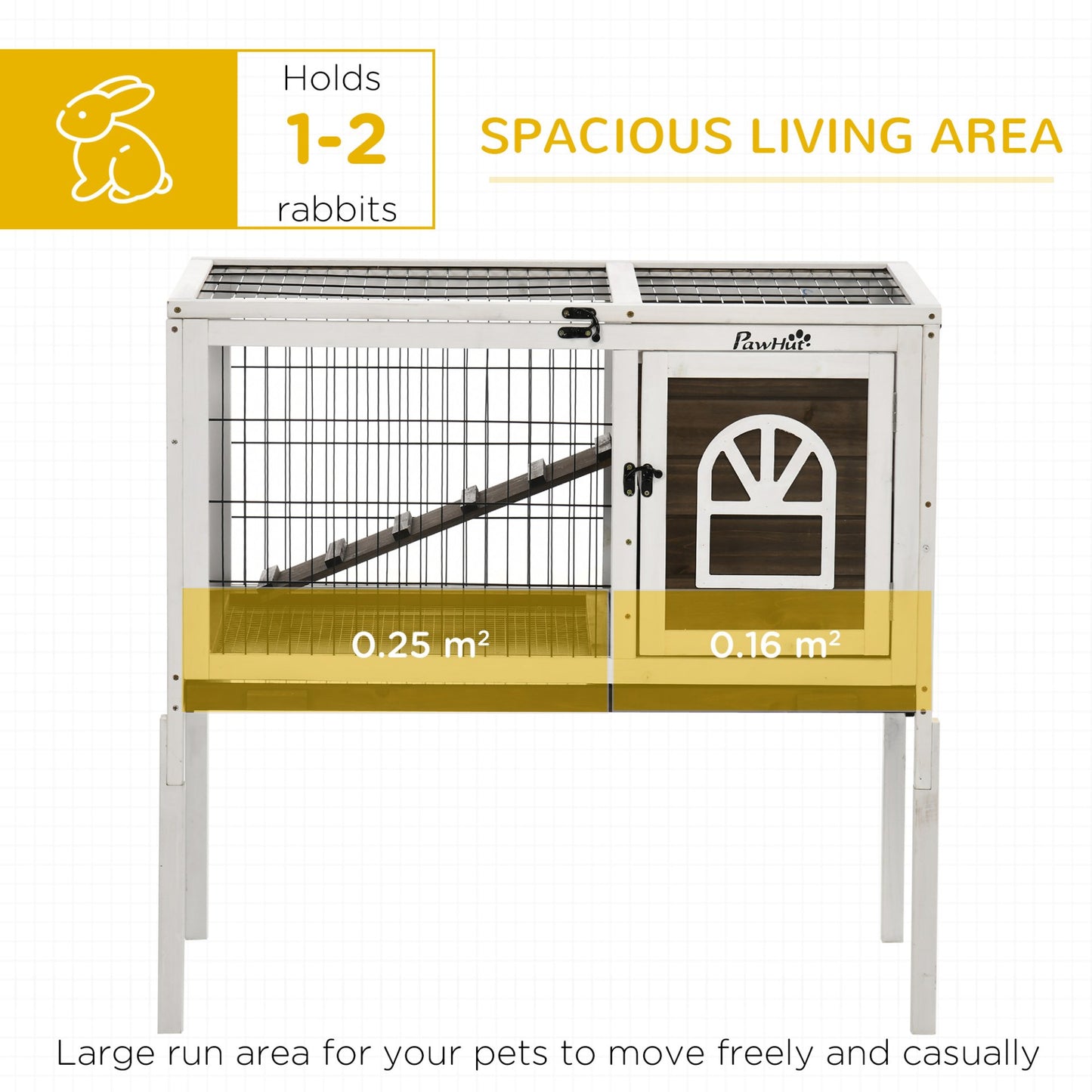 PawHut Wooden Rabbit Hutch, Elevated Guinea Pig Cage w/ Openable Roof, Ladder, Removable Tray, 90 x 53 x 87cm - Brown - Baig Merchant