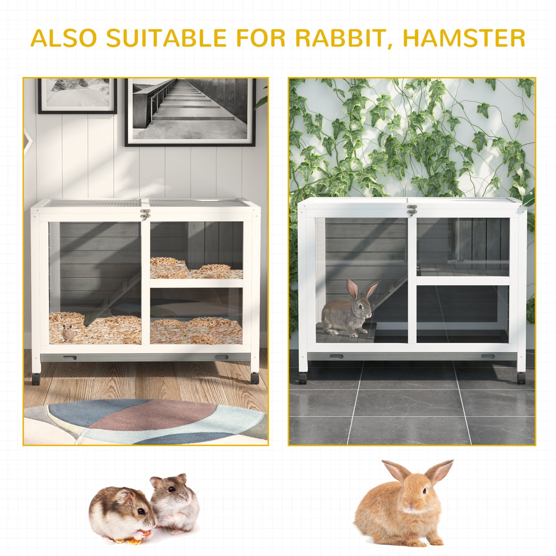 PawHut Wooden Rabbit Hutch Guinea Pigs House Bunny Small Animal Cage w/ Pull - out Tray Openable Roof Wheels 91.5 x 53.3 x 73 cm - Baig Merchant