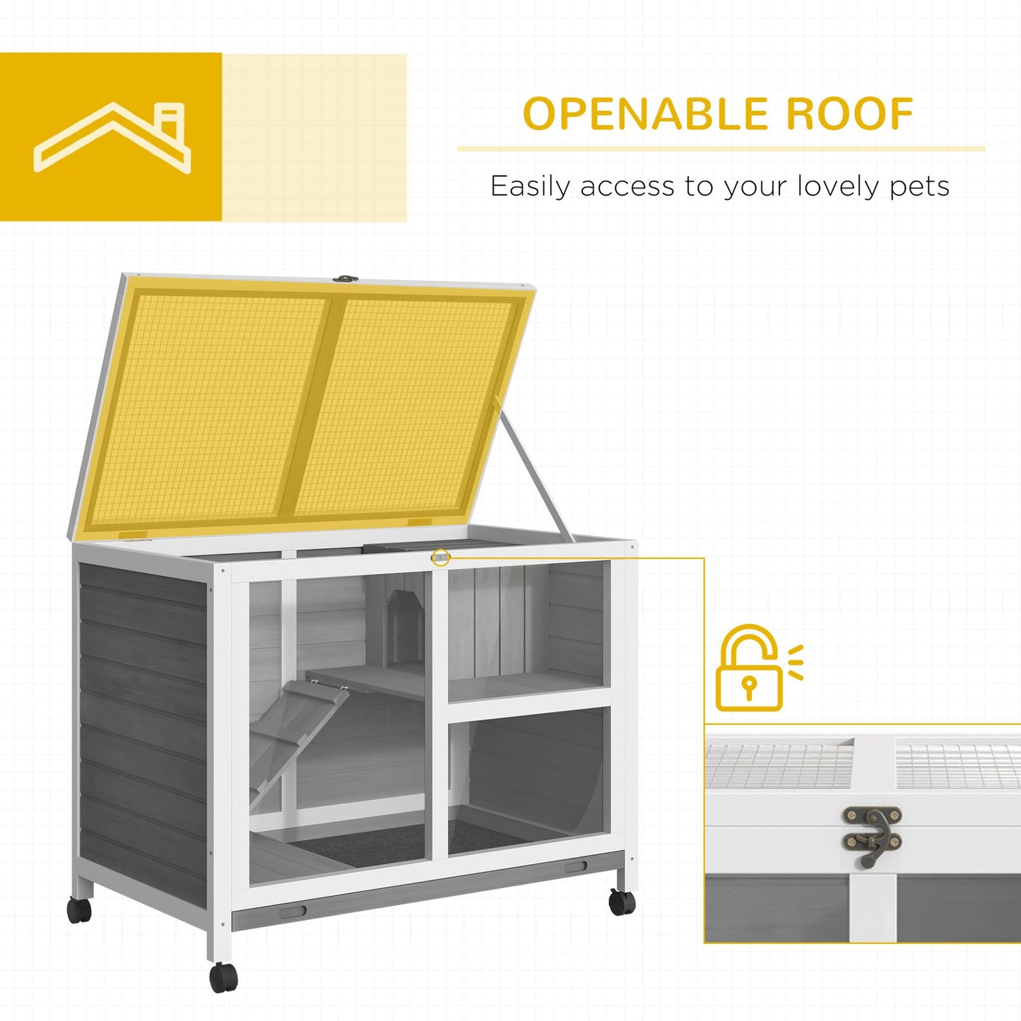 PawHut Wooden Rabbit Hutch Guinea Pigs House Bunny Small Animal Cage w/ Pull - out Tray Openable Roof Wheels 91.5 x 53.3 x 73 cm - Baig Merchant