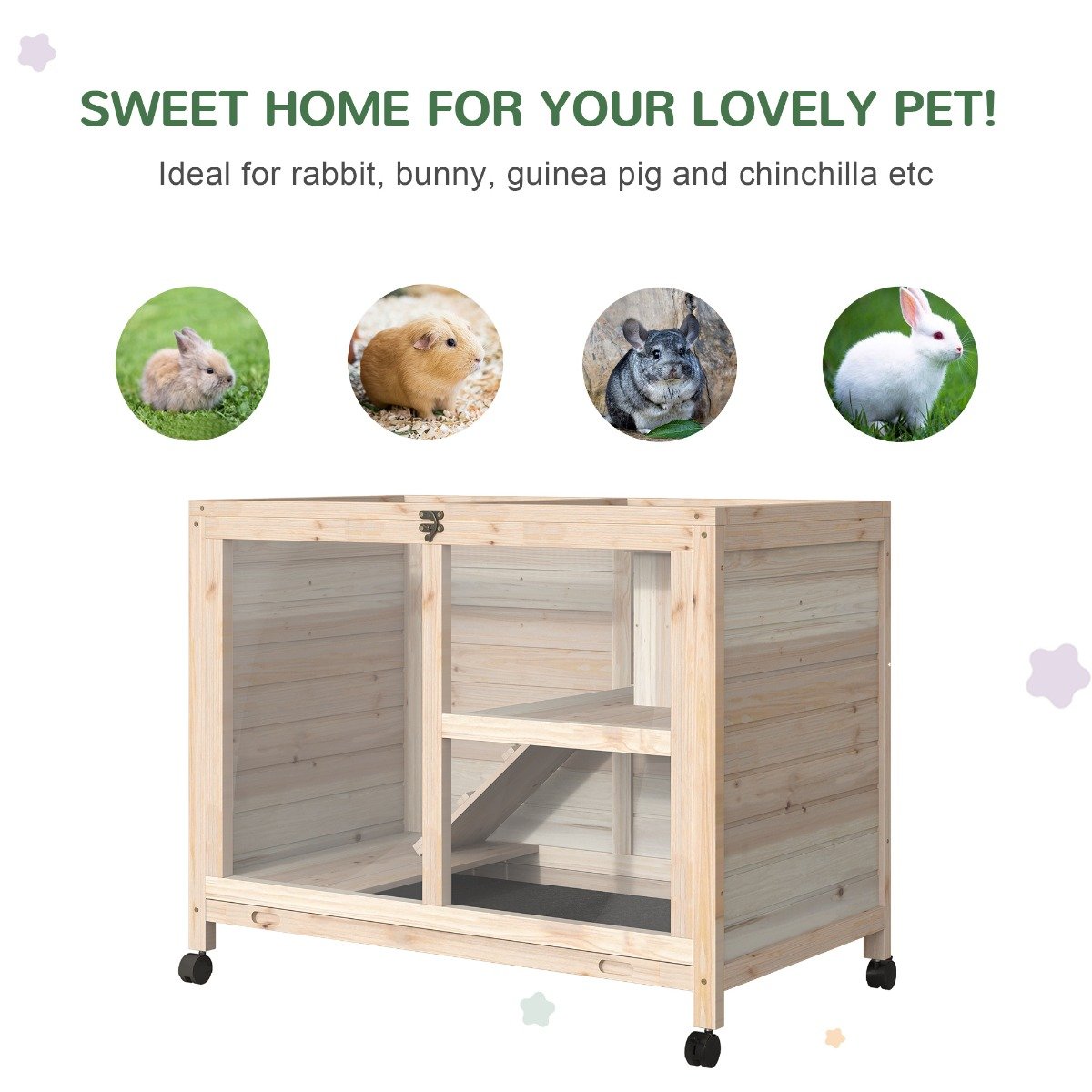 PawHut Wooden Rabbit Hutch Guinea Pigs House Bunny Small Animal Cage w/ Pull - out Tray Openable Roof Wheels 91.5 x 53.3 x 73 cm, Natural - Baig Merchant