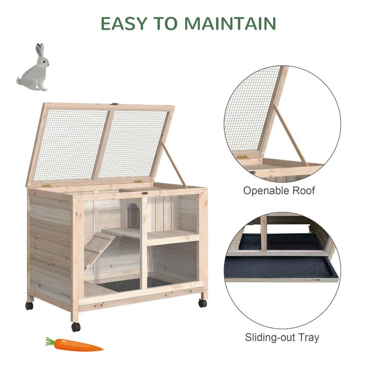 PawHut Wooden Rabbit Hutch Guinea Pigs House Bunny Small Animal Cage w/ Pull - out Tray Openable Roof Wheels 91.5 x 53.3 x 73 cm, Natural - Baig Merchant