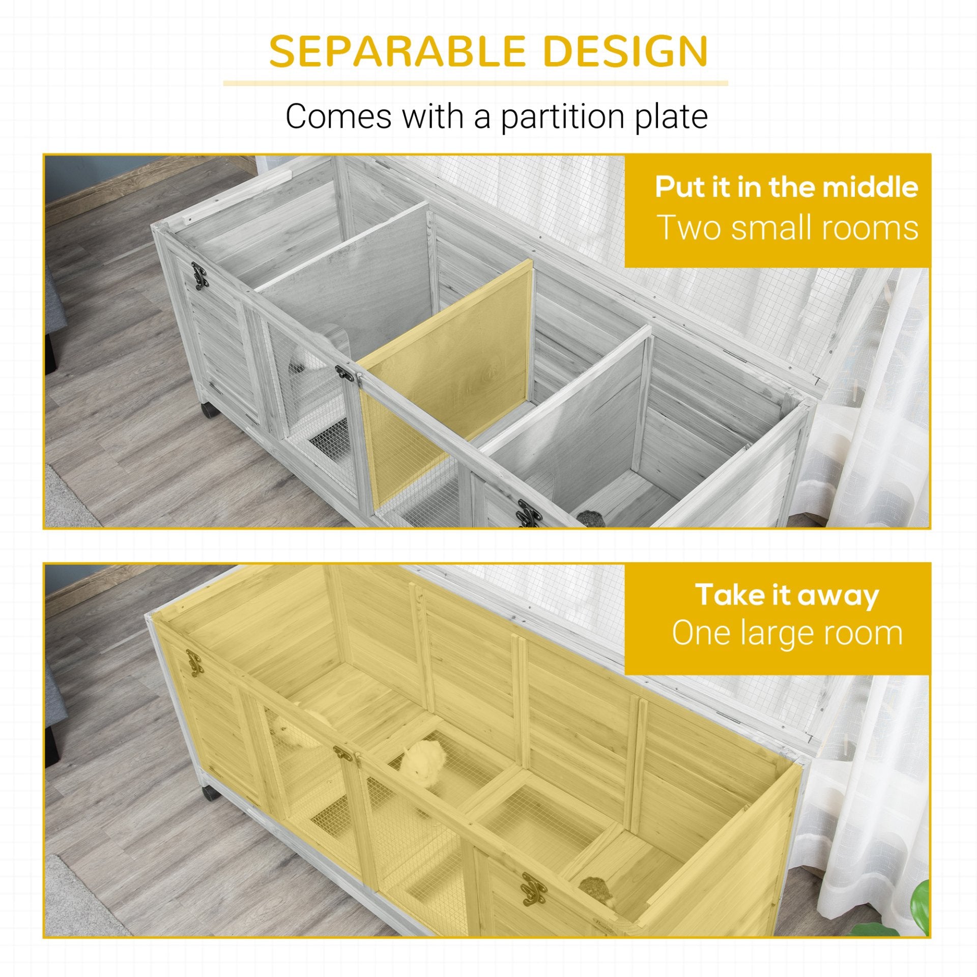 PawHut Wooden Rabbit Hutch, Mobile Guinea Pig Cage, Separable Bunny Run, Small Animal House for Indoor Outdoor with Wheels, Slide - out Tray, 138 x 53 x 61cm, Light Grey - Baig Merchant