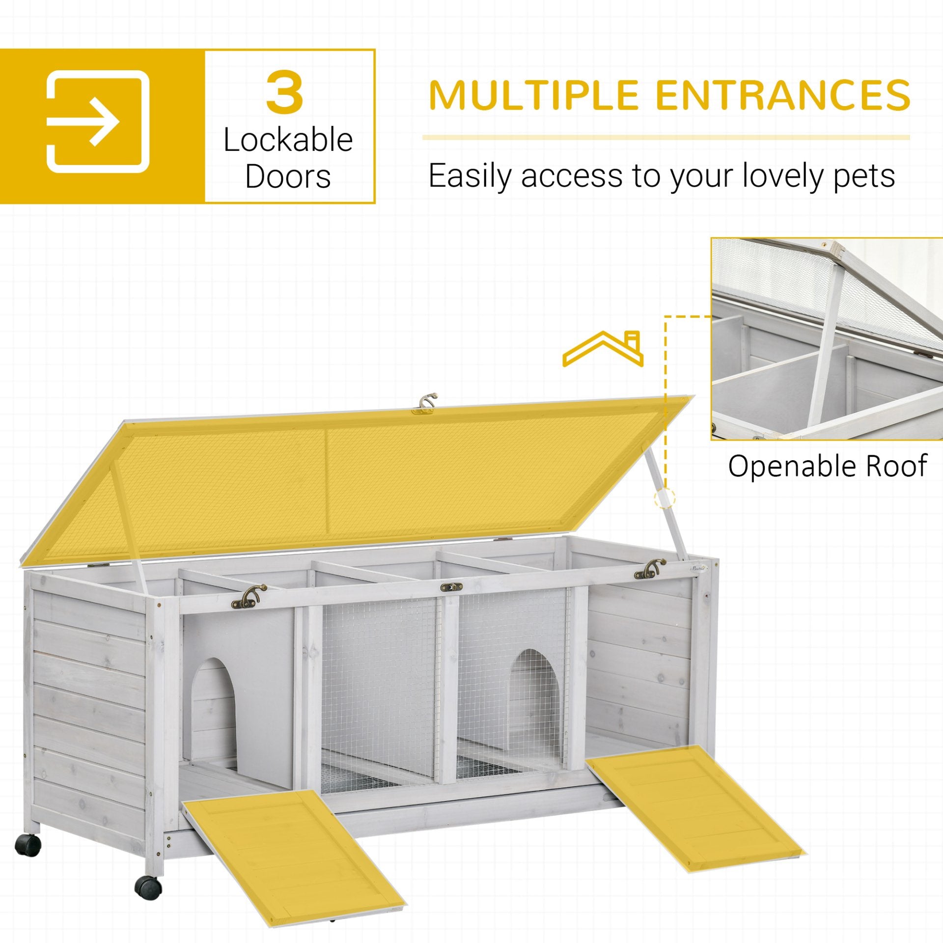 PawHut Wooden Rabbit Hutch, Mobile Guinea Pig Cage, Separable Bunny Run, Small Animal House for Indoor Outdoor with Wheels, Slide - out Tray, 138 x 53 x 61cm, Light Grey - Baig Merchant