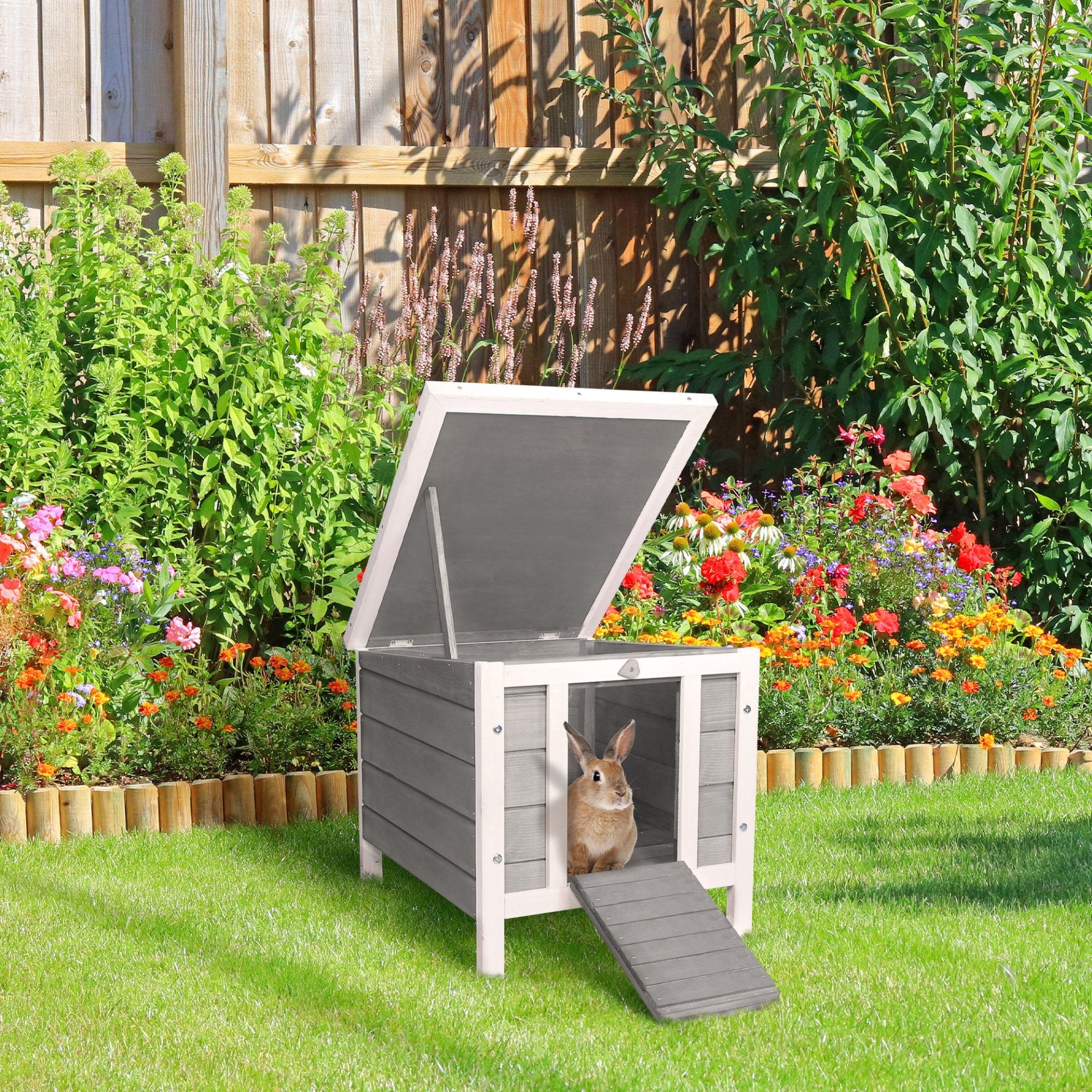 PawHut Wooden Rabbit Hutch Outdoor, Guinea Pig Hutch, Rabbit Hideaway, Cat House, Bunny Cage Small Animal House 51 x 42 x 43 cm, Grey - Baig Merchant