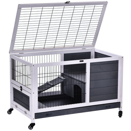 PawHut Wooden Rabbit Hutch Portable Indoor Guinea Pigs House Bunny Small Animal Cage Openable Roof Enclosed Run 90 x 53 x 59 cm - Baig Merchant