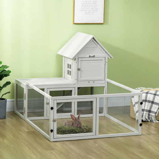 PawHut Wooden Rabbit Hutch with Run Large Guinea Pig Cage, Small Animal House for Indoor with Tray, 151.5 x 106 x 97cm, Light Grey - Baig Merchant