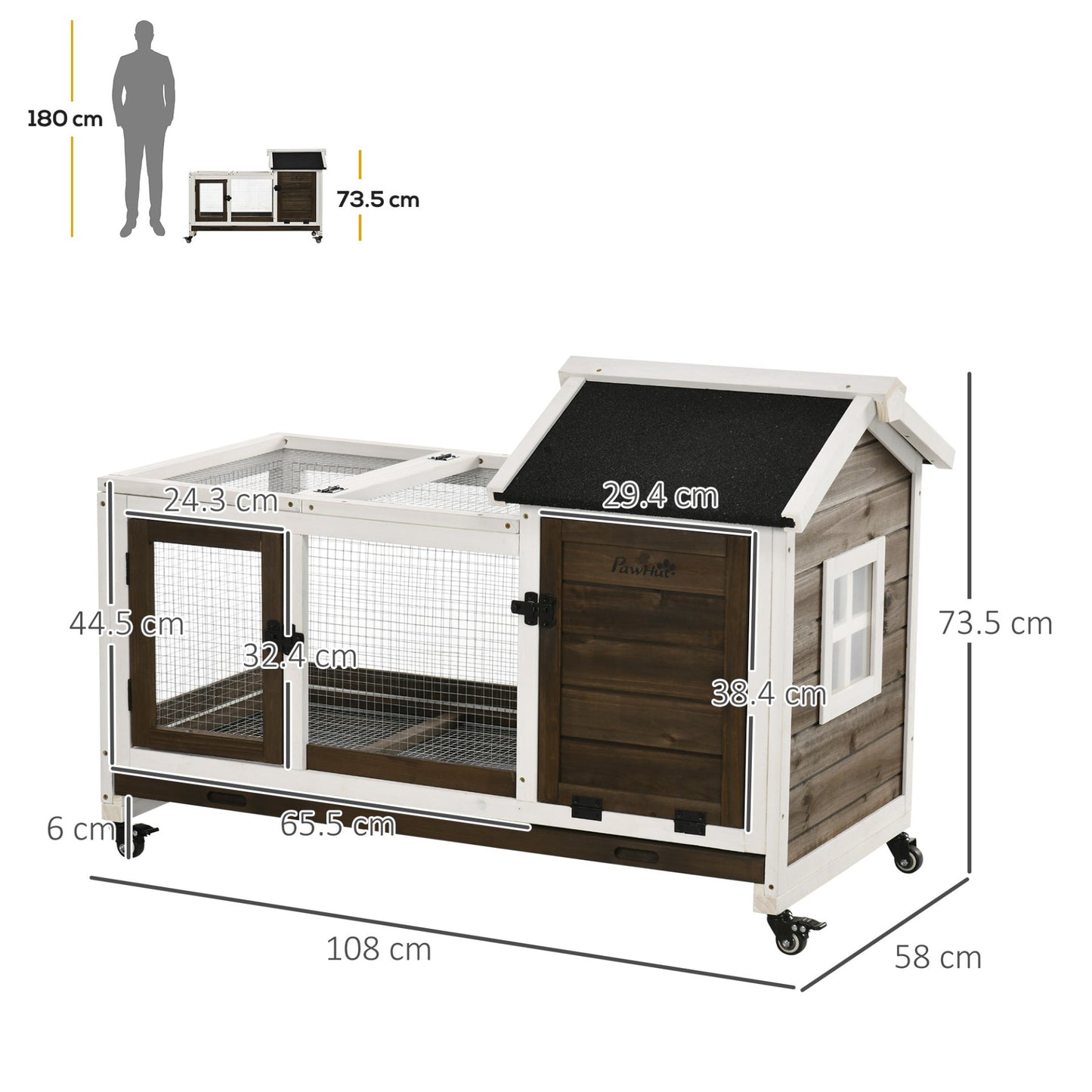 PawHut Wooden Rabbit Hutch with Wheels, Guinea Pig Cage, Small Animal House for Outdoor & Indoor with Slide - out Tray, Brown - Baig Merchant