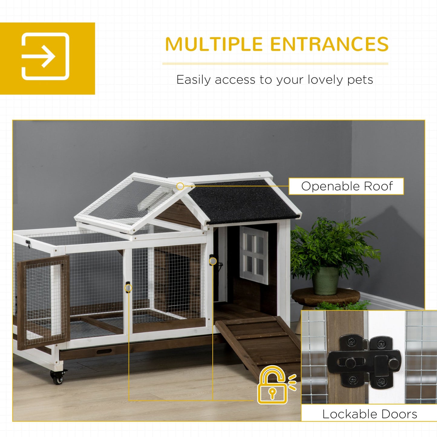 PawHut Wooden Rabbit Hutch with Wheels, Guinea Pig Cage, Small Animal House for Outdoor & Indoor with Slide - out Tray, Brown - Baig Merchant