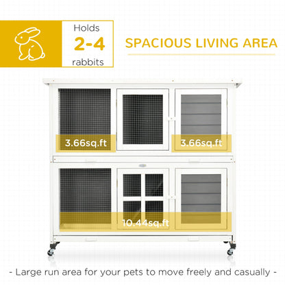 PawHut Wooden Rabbit Hutch with Wheels, Guinea Pig Cage, Small Animal House for Outdoor & Indoor with Slide - out Trays, 119 x 50.5 x 109cm, Grey - Baig Merchant