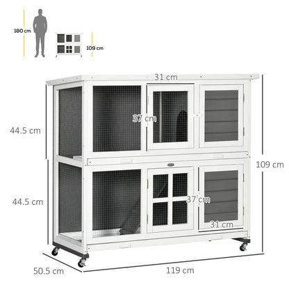 PawHut Wooden Rabbit Hutch with Wheels, Guinea Pig Cage, Small Animal House for Outdoor & Indoor with Slide - out Trays, 119 x 50.5 x 109cm, Grey - Baig Merchant