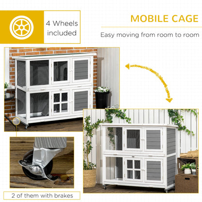 PawHut Wooden Rabbit Hutch with Wheels, Guinea Pig Cage, Small Animal House for Outdoor & Indoor with Slide - out Trays, 119 x 50.5 x 109cm, Grey - Baig Merchant