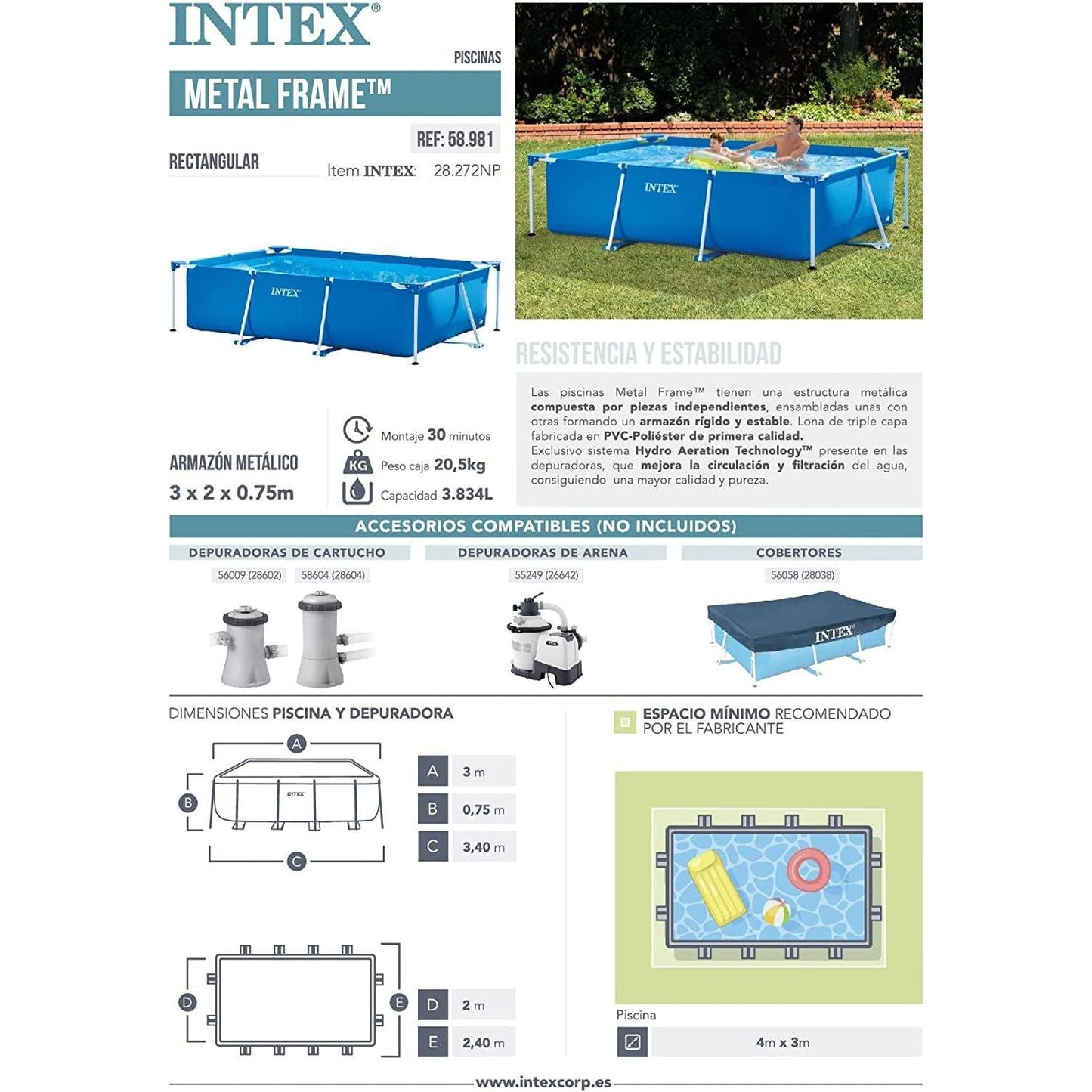 Intex 28272 Metal Frame Rectangular Outdoor Garden Summer Swimming Pool, Filter Pump Not Included, Capacity 3834 L, Measures 300 x 200 x 75 Centimeters - Color Blue - Baig Merchant