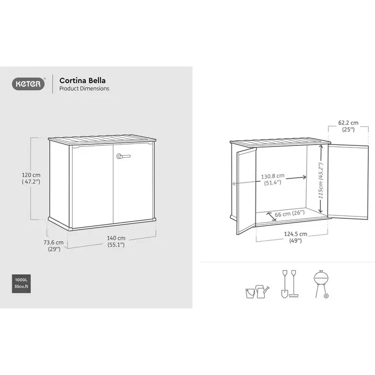 Keter Cortina Bella 4ft 6" x 2ft 4" (1.4 x 0.7m) 1,000 Litre Vertical Outdoor Storage Shed with Base - Baig Merchant