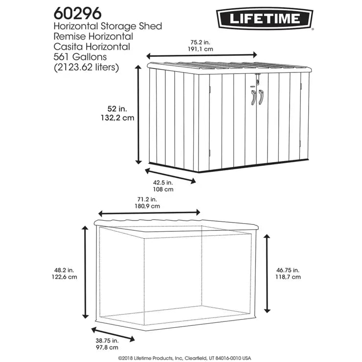 Lifetime 6ft 3" x 3ft 6" (1.9 x 1.1m) Horizontal 2,124 Litre Storage Shed - Model 60296U - Baig Merchant