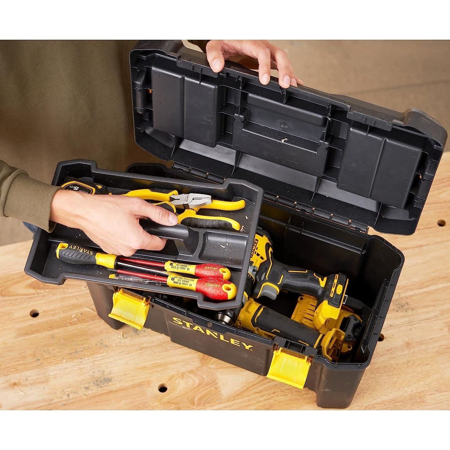 Stanley STST1-75520 Essential Portable Storage 19" Toolbox With Removable Tray & Plastic Latches, Black/Yellow - Baig Merchant